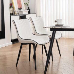 YOUTASTE White Dining Chairs Set of 2 Upholstered Mid Century Modern Kitchen Dining Room Chairs Armless Faux Leather Accent Chairs Metal Vanity Lounge Chair with Back for Living Room Bedrooms