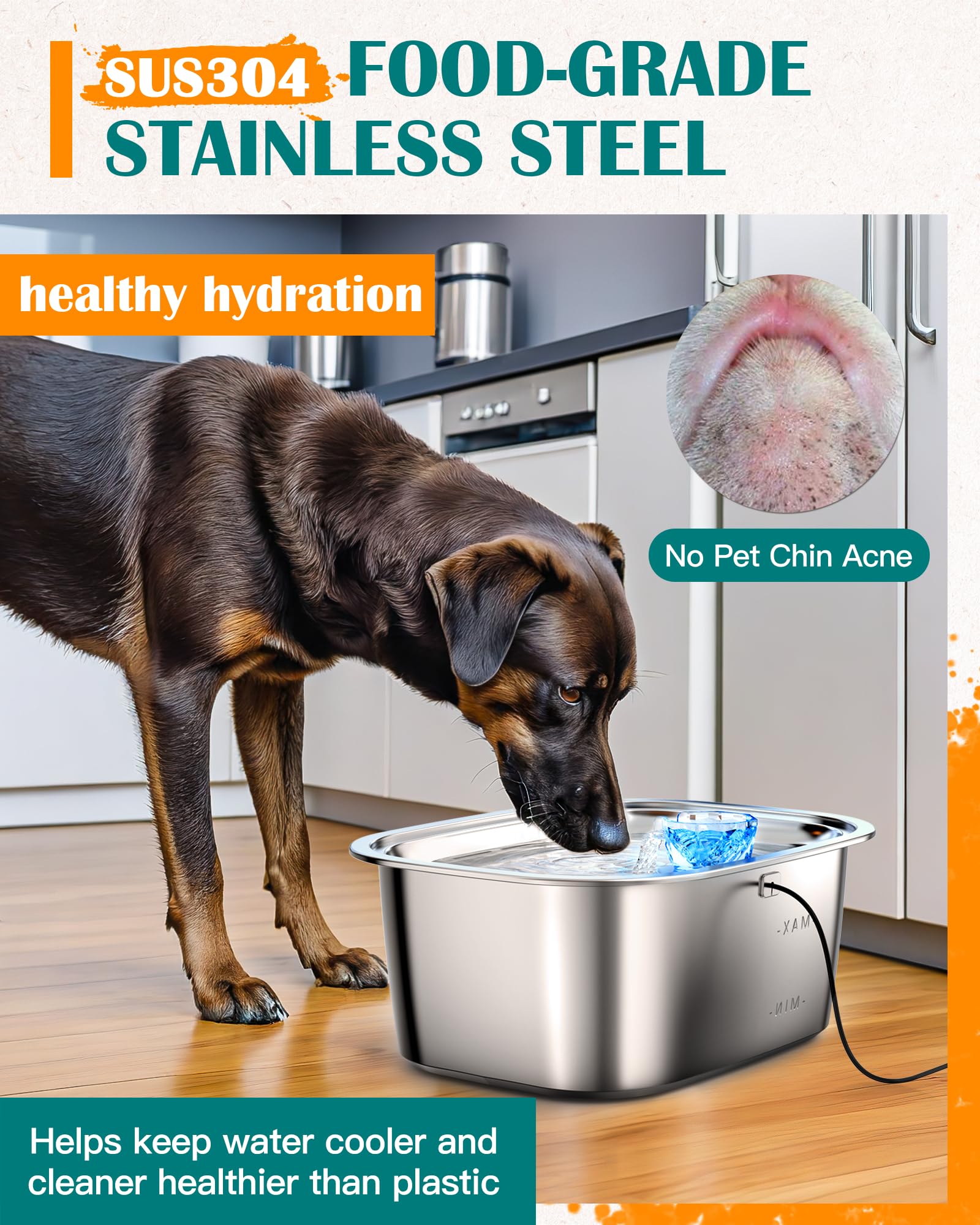 Stainless Steel Large Dog Water Fountain for Large Dogs,3Gallon Extra Large Capacity Big Pet Water Fountain with 4 Filters,Automatic Dog Fountain Water Bowl Dispenser Indoor,Quiet Pump,Dishwasher Safe