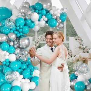 147pcs Teal Balloon Arch Garland kit, 18 12 10 5 inch Turquoise Metallic Silver White Balloons for Birthday Graduation Baby Shower Wedding Beach Party Decoration