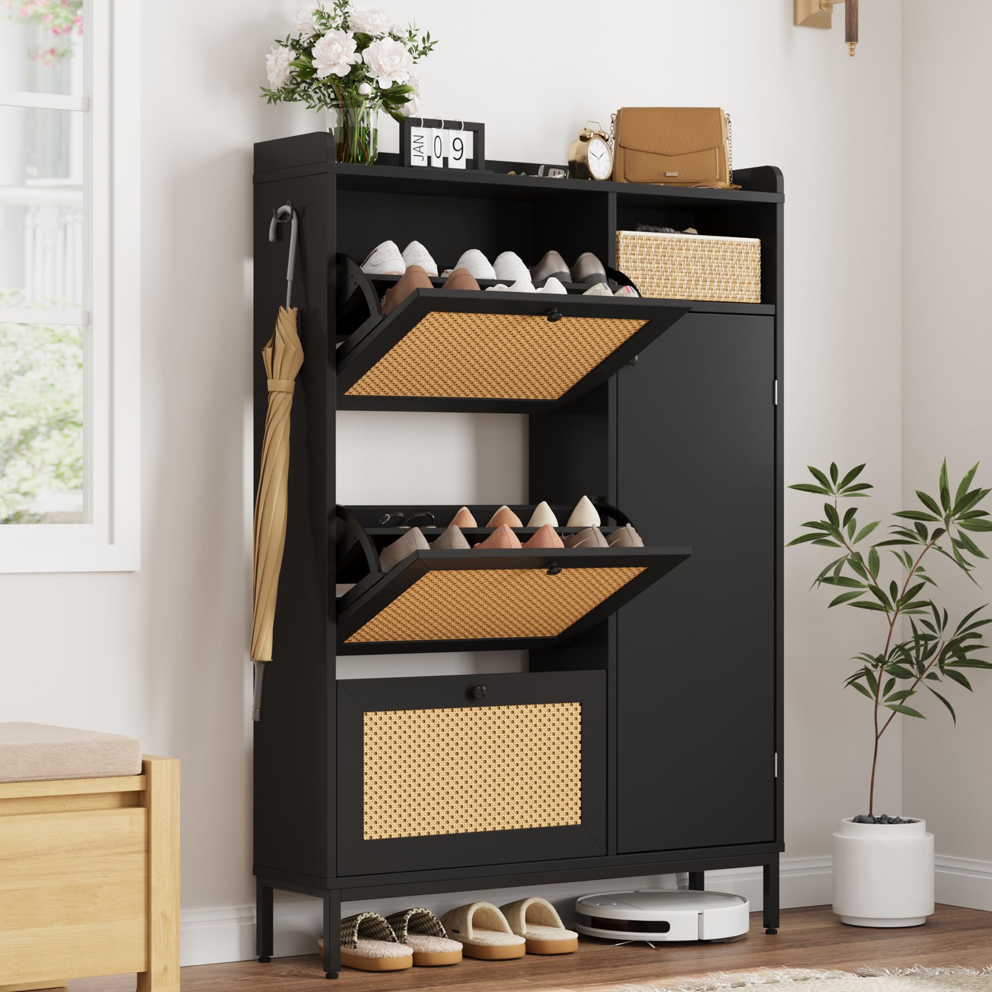 GarveeHome Rattan Shoe Storage Cabinet with 3 Flip Drawers, Freestanding Organizer with Adjustable Shelves for Entryway, Narrow Shoe Rack Cabinet for Hallway, Easy Assembly, Black