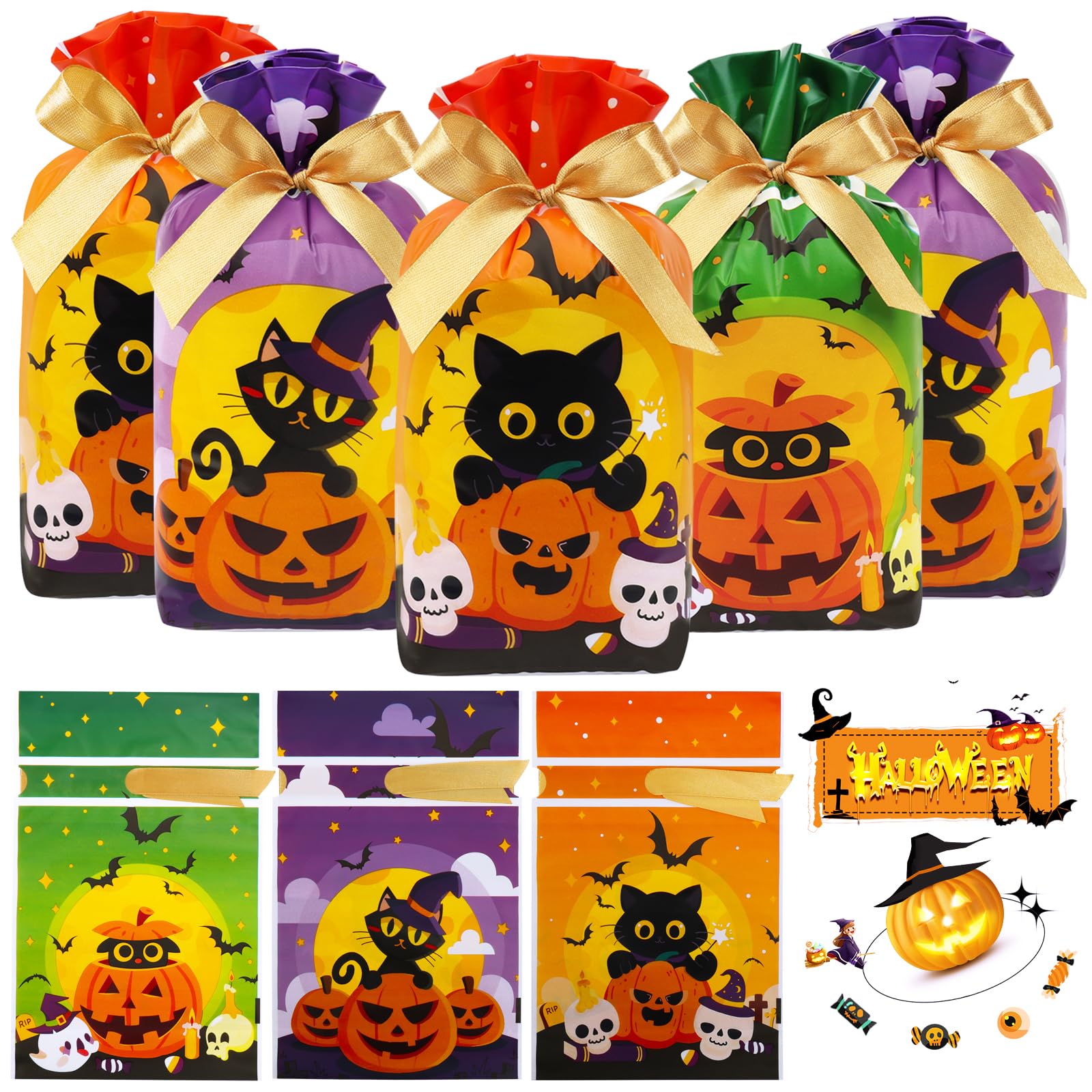 HRX Package 50pcs Halloween Treat Bags, 5.8x9x2.4 inch Drawstring Candy Bags Small Goodie Bags for Trick or Treat