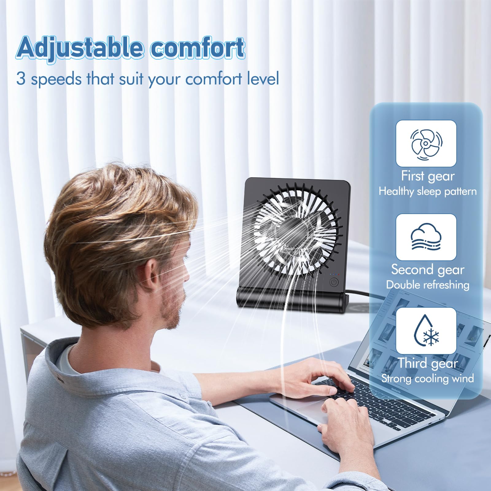 JOSTRY Desk Fan USB Powered with 3 Speeds Adjustable Strong Wind, Ultra Quiet Mini Personal Fan USB-C Corded Powered,220° Tilt Folding Plug In USB Fan