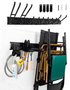 garage tool organizer wall mount 48 inches max load 539lbs ，garage storage, garage organization, adjustable with 7 heavy duty hooks and 4 cable ties, yard tools holder and power tool organizer rack