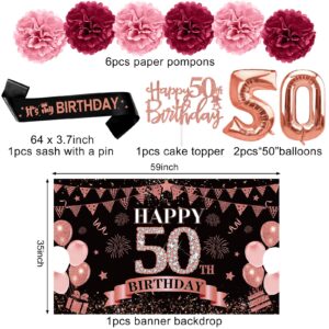 42PCS 50th Birthday Decoration Kit for Women, Rose Gold Happy 50th Bday Banner Balloons Honeycomb Centerpiece Swirl Paper Pompoms Party Supplies, 50 Bday Sash Table Cake Topper Swirls Set