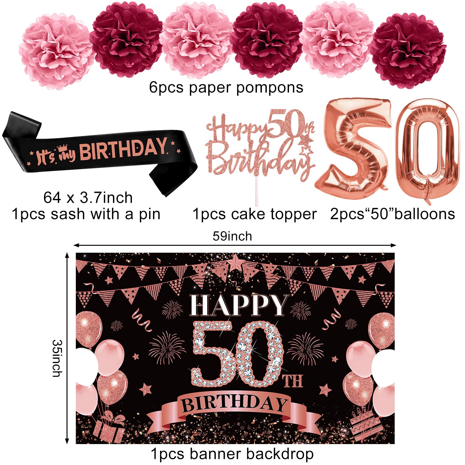 42PCS 50th Birthday Decoration Kit for Women, Rose Gold Happy 50th Bday Banner Balloons Honeycomb Centerpiece Swirl Paper Pompoms Party Supplies, 50 Bday Sash Table Cake Topper Swirls Set