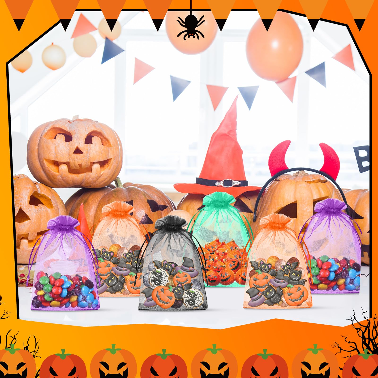 Ribbonlic 200 Pcs Halloween Organza Bags 4 x 6 Inches Small Mesh Bags Drawstring Gift Bags Bulk Halloween Goodie Bags Candy Treat Packaging Bags for Tick or Treat Halloween Party Favor