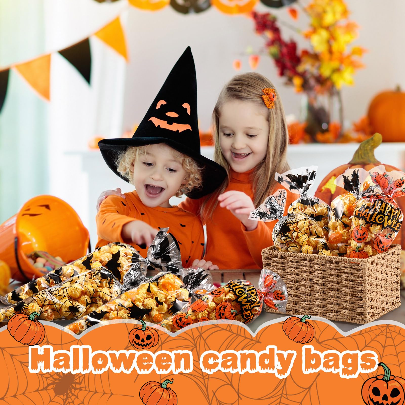 Pasimy 200 Pcs Halloween Cone Bags Trick or Treat Cellophane Clear Sweet Bags Triangle Cones Popcorn Bags Pumpkin Spider Witch Bat Candy Bags for Kids Halloween Birthday Party Supplies