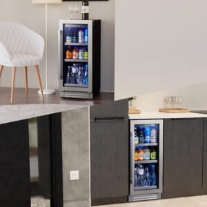 Ca'Lefort 15 Inch Beverage Refrigerator, 100 Can Beverage Fridge 34°F -54°F, Drink Fridge Glass Door 3 LED Drink Fridge Built in or Freestanding for Home/Kitchen(3.0 cu.ft)