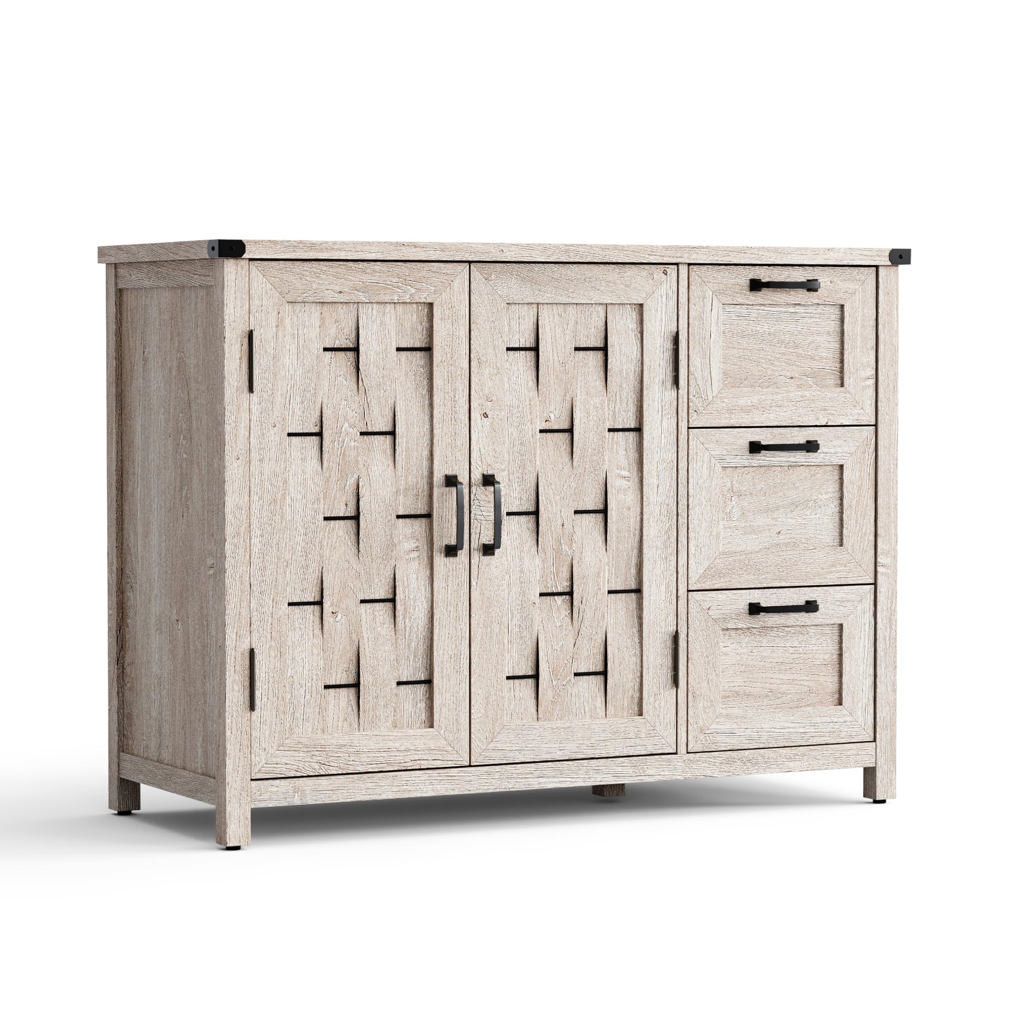 LINSY Sideboard Buffet Cabinet, 43" W Farmhouse Storage Cabinet with Drawers and Shelves, Gray