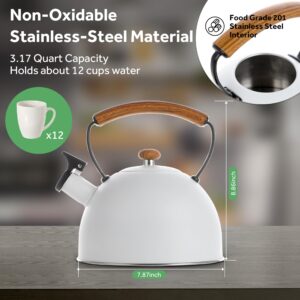 YSSOA Whistling Stovetop Tea Kettle, 3.17 Quart Stainless Steel Teapot with Cool Touch Ergonomic Handle, Hot Water Fast to Boil, White