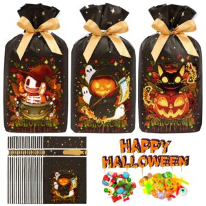 JOINDO 50 pcs Halloween Treat Bags for Candy, 6x9 Drawstring Candy Bags for Party Favor, Stand up Halloween Goodie Bags (Dark Flame Halloween Series)