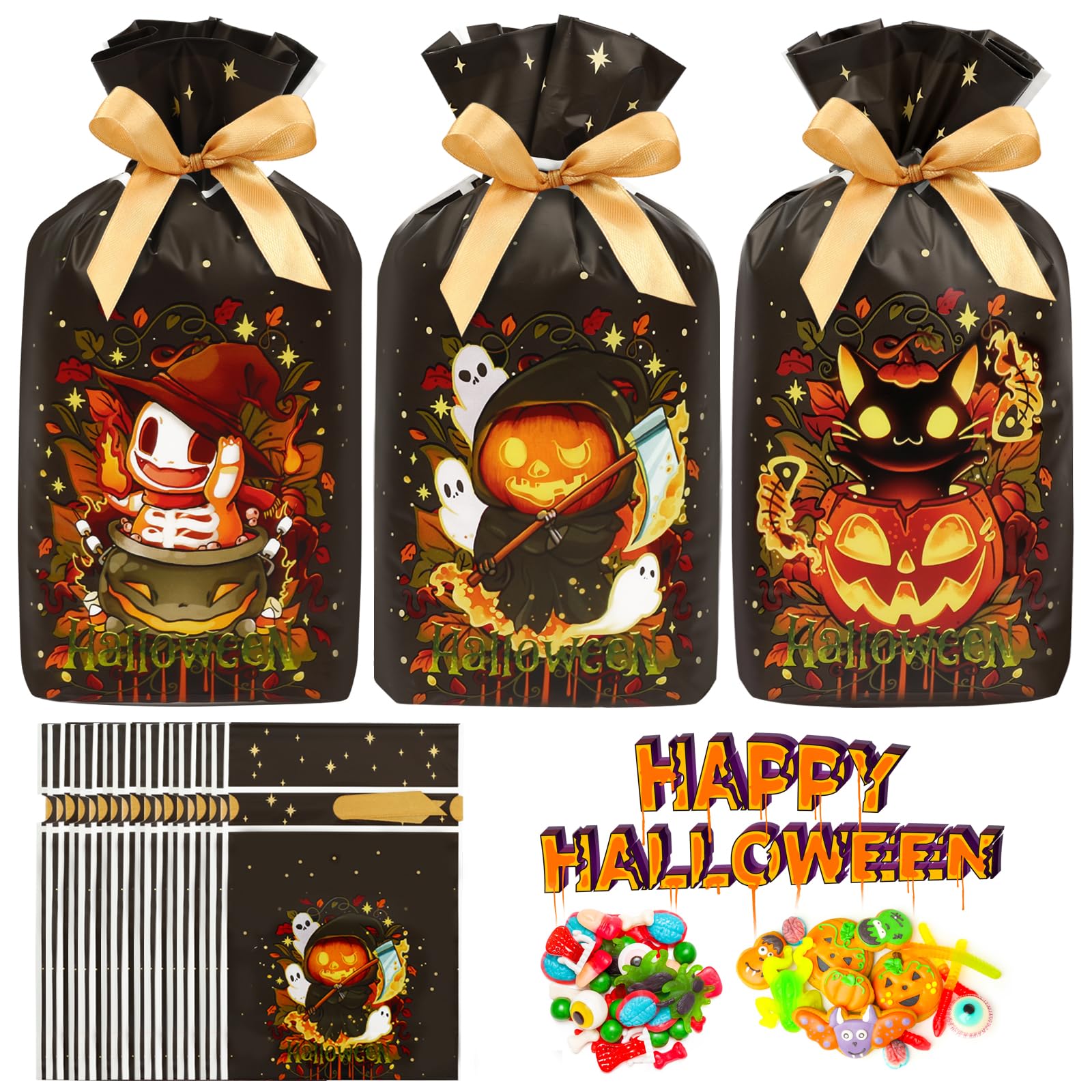 JOINDO 50 pcs Halloween Treat Bags for Candy, 6x9 Drawstring Candy Bags for Party Favor, Stand up Halloween Goodie Bags (Dark Flame Halloween Series)