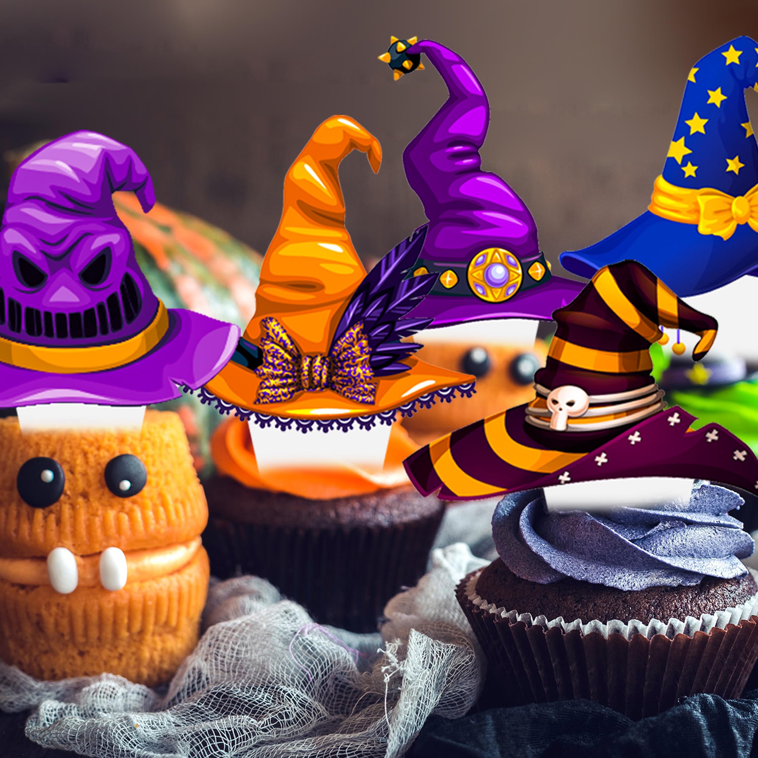 48Pcs Witch Hat Cupcake Toppers Halloween Party Decorations Halloween Witch Hay Theme Cupcake Decorations for Witch Hat Themed Birthday Party Baby Shower Supplies