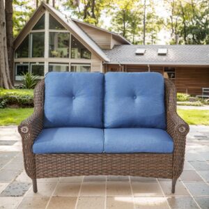 Bellefurn Patio Wicker Sofa Brown Rattan Loveseat Outdoor Couch with Chrysanthemum Armest & Water Resistant Cushions Sofa for Garden Balcony Backyard Poolside, Blue Cushions Loveseat(1PC)