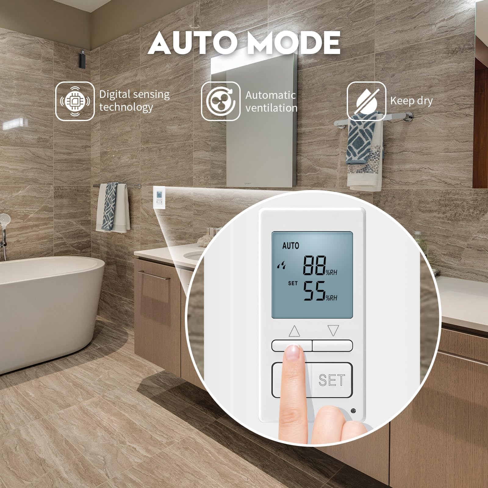 New 2024! Humidity Sensor Switch, Ortis in-Wall Bathroom Fan Automated Control Switch with Separate Sensor, Air Moisture Detection, Neutral Wire Required, Keep Your Room Dry, 328 ft Range, 110/220V