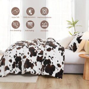 Cozy Bliss Fluffy Comforter Set Queen Size Cow Print, Farmhouse Sherpa Bed Set, Ultra Soft Thick Bedding Set for Winter, 3 Pieces, 1 Fuzzy Comforter & 2 Pillow Shams