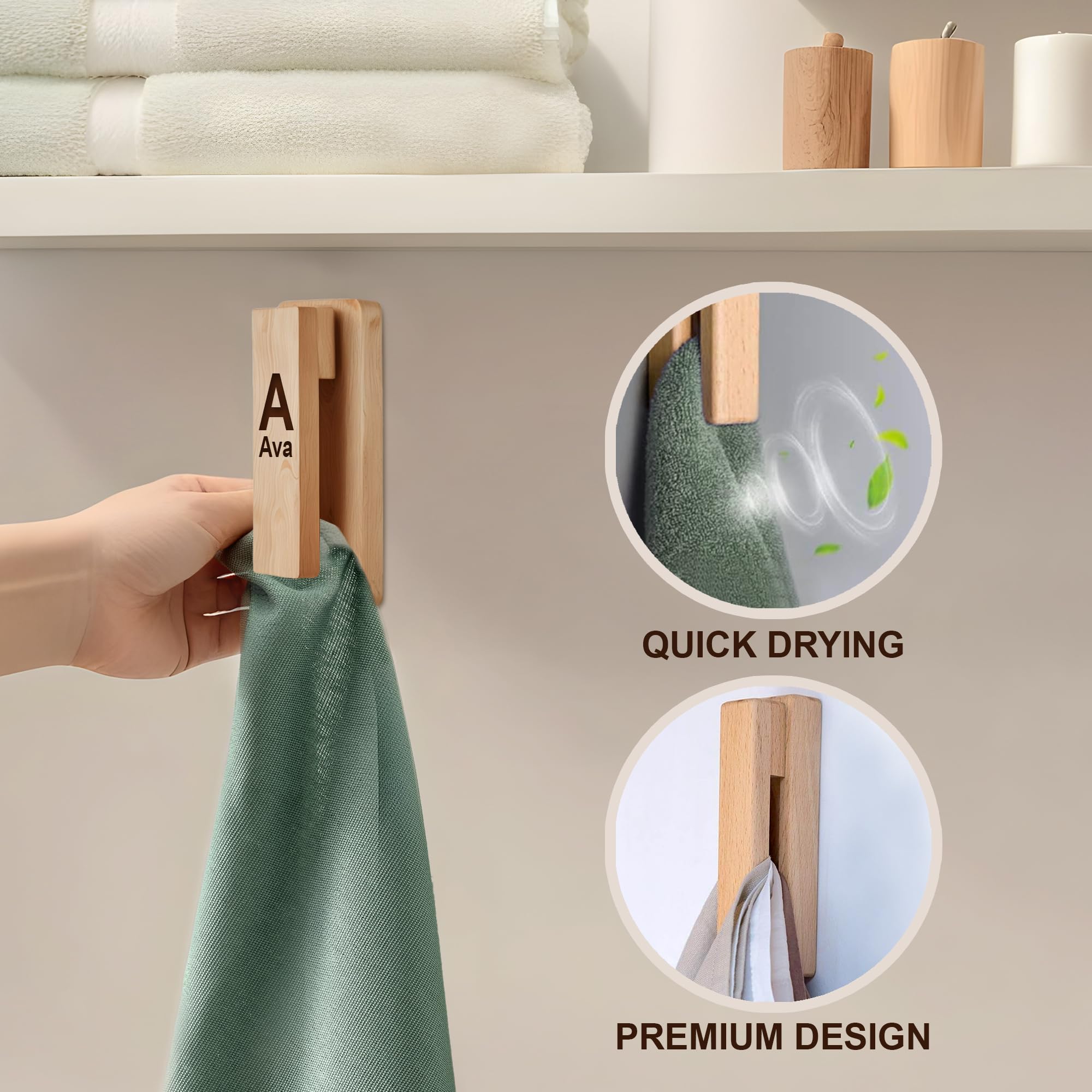 Customized Towel Hooks, Personalized Hand Towel Hooks, Wooden Wall Hooks with Name - 2 Pack Wooden Bath Towel Hook Clip, Coat Rack, Unique Heavy Duty Hooks for Hanging Towels, Hat, Entryway, Robes