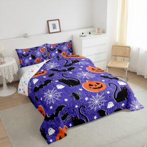 Feelyou Happy Halloween Full Size Bedding Set Decoration Pumpkin Lantern Comforter Set for Kids Boys Girls Spooky Cat Bat Duvet Set Purple Quilt Set Soft and Lightweight