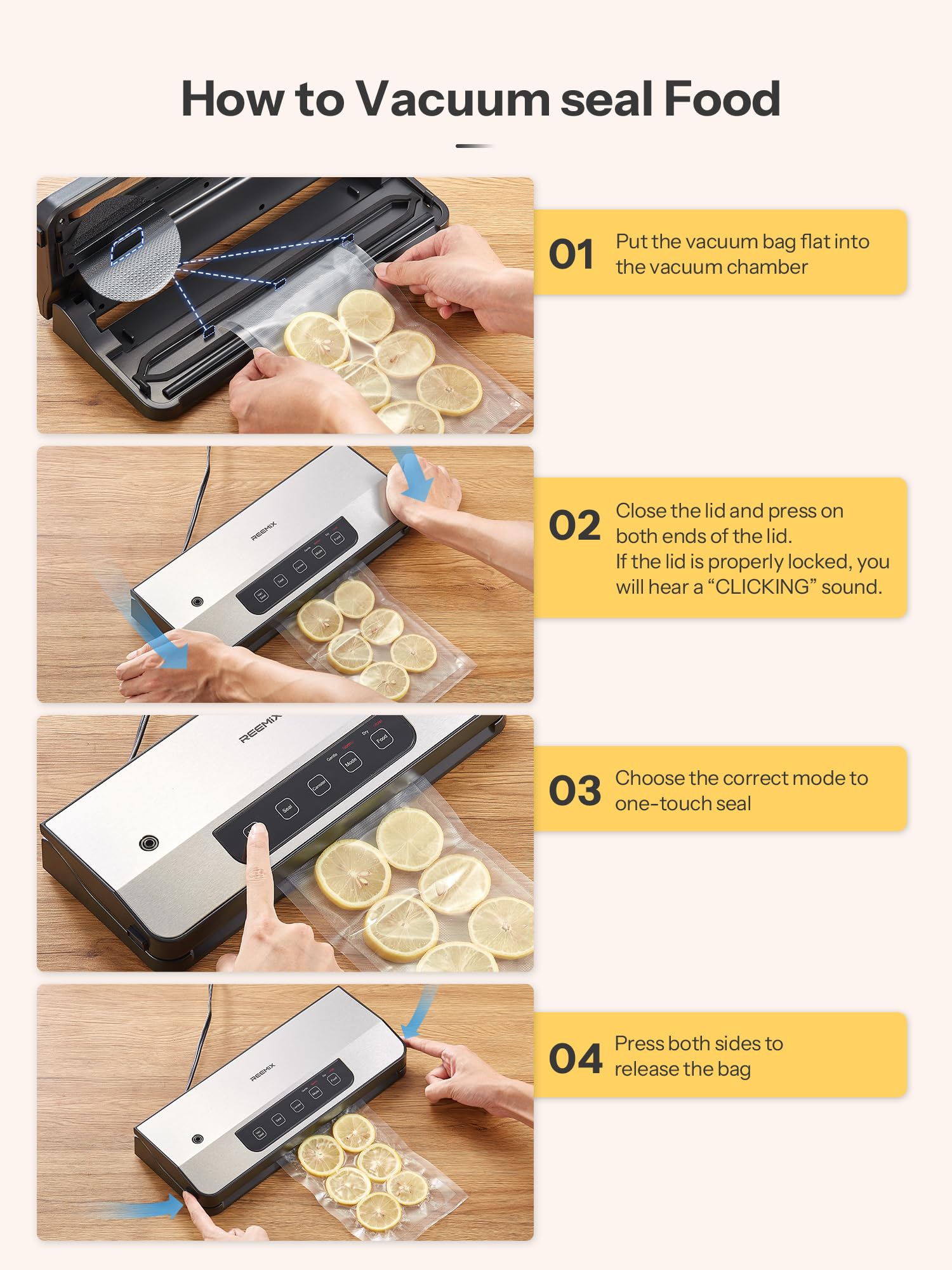 Vacuum Sealer Machine, Reemix Automatic Food Vacuum Sealer with Starter Kit, Air Sealing for Food Storage with 20 Bags, Pulse Function, Moist&Dry Mode and External VAC