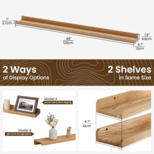 FLYJOE Picture Ledge Shelf 48 Inch | Solid Ash Wood Picture Shelf Set of 2 | 48 Inch Natural Wood Floating Shelves with Lip | Long Picture Shelf for Wall with Ledge | Photo Ledge Shelves - Natural