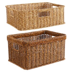 generic Wicker Storage Basket Reinforced Rustic Wicker Basket with Handles Drainage Interlocking Woven Storage Basket 15x10x5in Light Brown Home Storage Supplies (Dark Brown 14x9x7in)