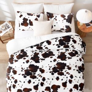 cozy bliss fluffy comforter set queen size cow print, farmhouse sherpa bed set, ultra soft thick bedding set for winter, 3 pieces, 1 fuzzy comforter & 2 pillow shams