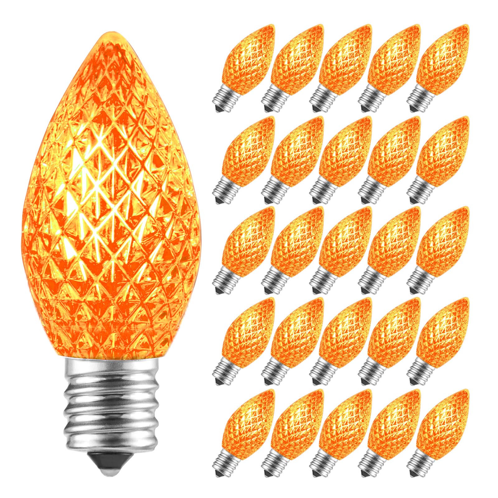 Minetom 25 Pack Halloween C7 Led Replacement Lights Bulbs, C7 Shatterproof C7 Replacement LED Lights for Halloween String Lights, E12 Candelabra Base, Commercial Grade Dimmable Holiday Bulbs, Orange