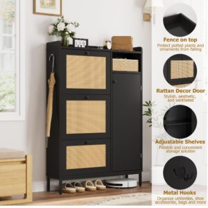 GarveeHome Rattan Shoe Storage Cabinet with 3 Flip Drawers, Freestanding Organizer with Adjustable Shelves for Entryway, Narrow Shoe Rack Cabinet for Hallway, Easy Assembly, Black