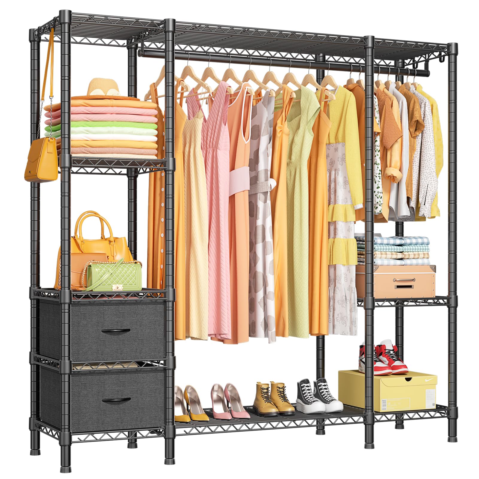 Ulif E6 Clothes Rack with Drawers, 5 Tiers Metal Garment Rack with Shelves for Hanging Clothing, Closet Storage Organizer for Bedroom and Cloakroom, 58.6" W x 14.5" D x 71.6" H, Max Load 670lbs