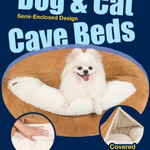 Pet Soft Small Dog Bed Cat Bed with Cover Cave - Round Calming Dog Beds Washable Cuddler Puppy Beds for Small, Medium Dogs and Cats (Khaki, 27")