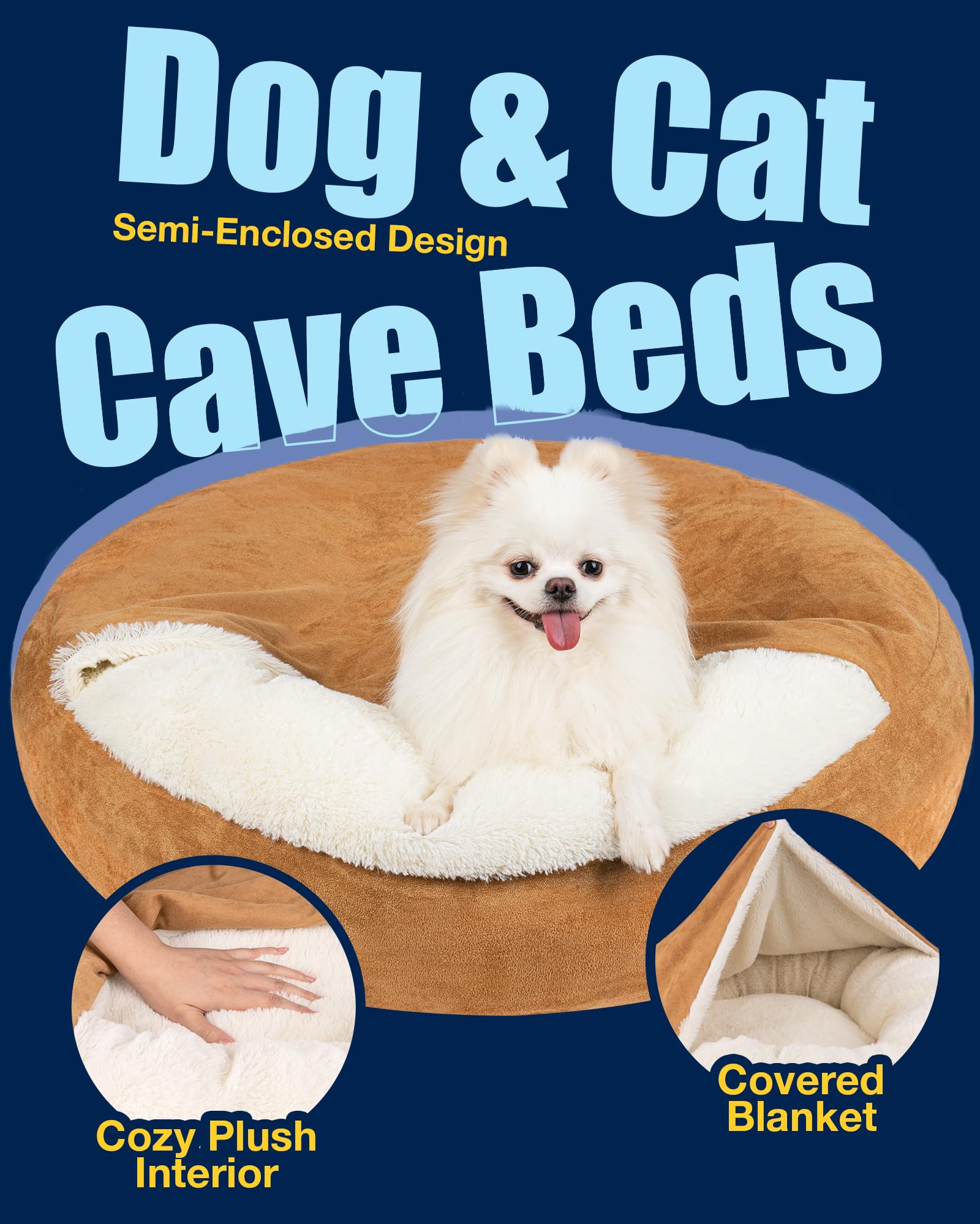 Pet Soft Small Dog Bed Cat Bed with Cover Cave - Round Calming Dog Beds Washable Cuddler Puppy Beds for Small, Medium Dogs and Cats (Khaki, 27")