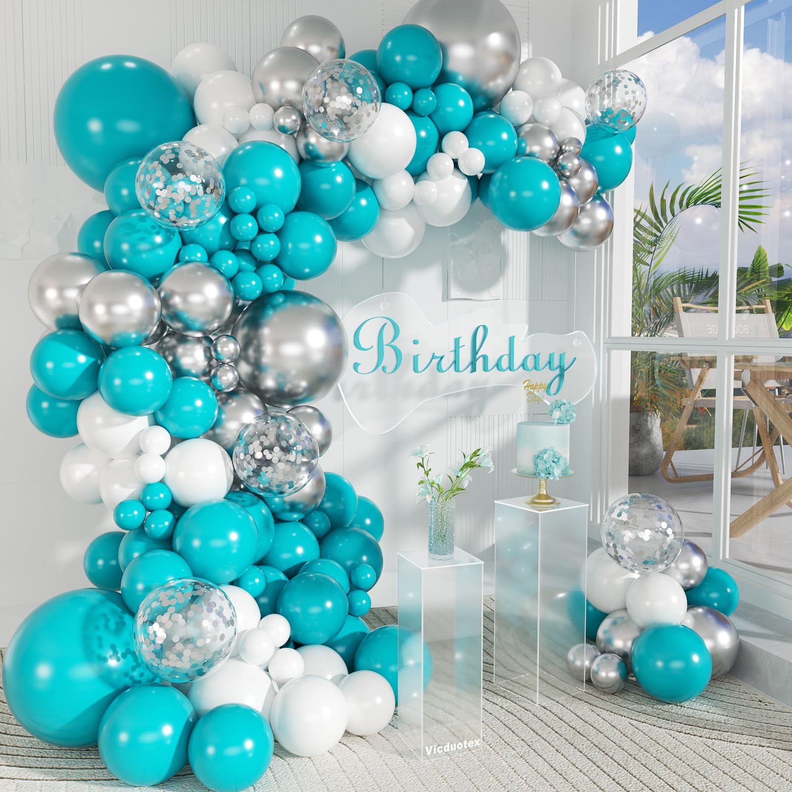 147pcs Teal Balloon Arch Garland kit, 18 12 10 5 inch Turquoise Metallic Silver White Balloons for Birthday Graduation Baby Shower Wedding Beach Party Decoration