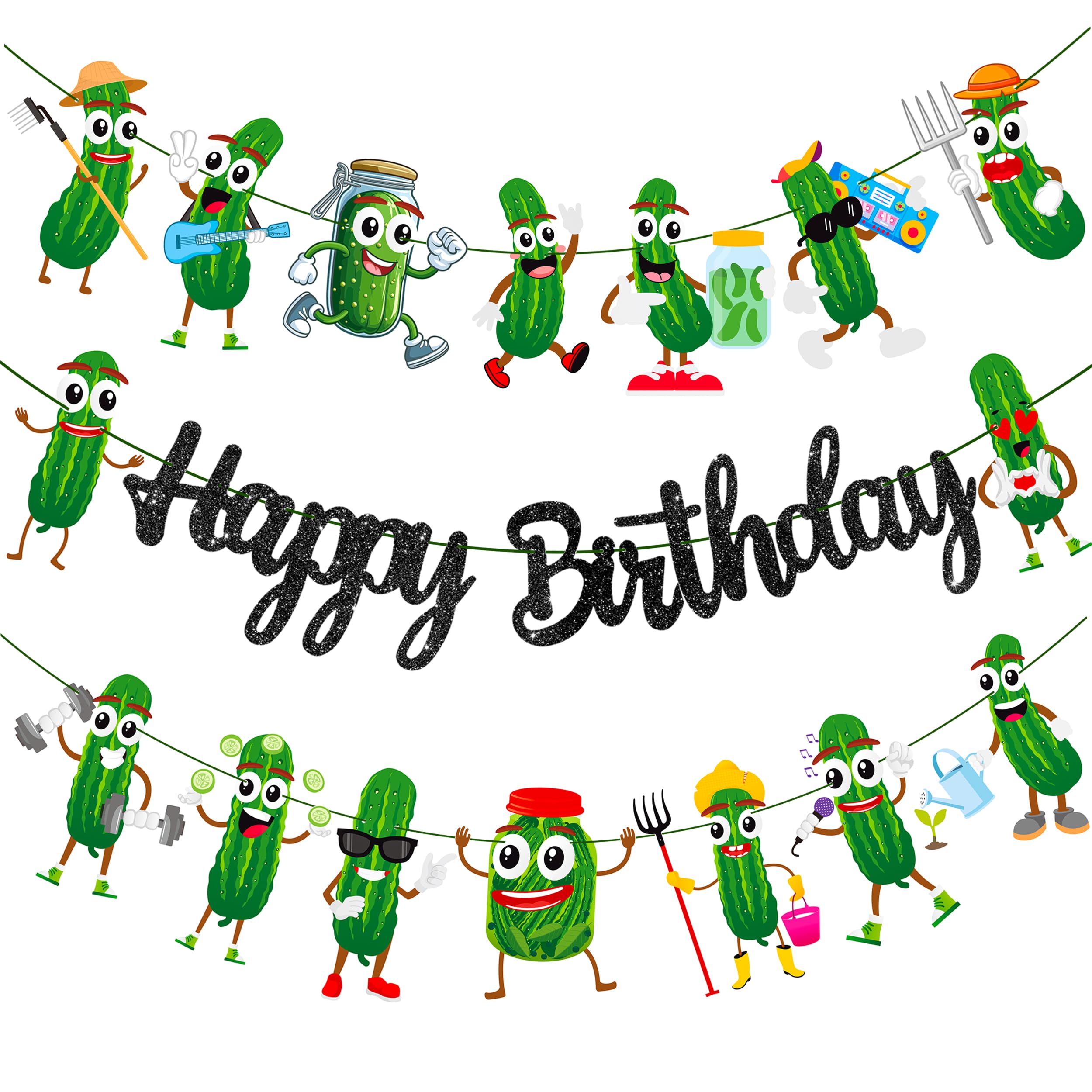 Funny Pickle Birthday Party Decorations Black Happy Birthday Banner Green Pickle Cucumber Theme Garland Cute Cucumber Birthday Banner Decorations for Kind of a Big Dill Party Baby Shower Supplies