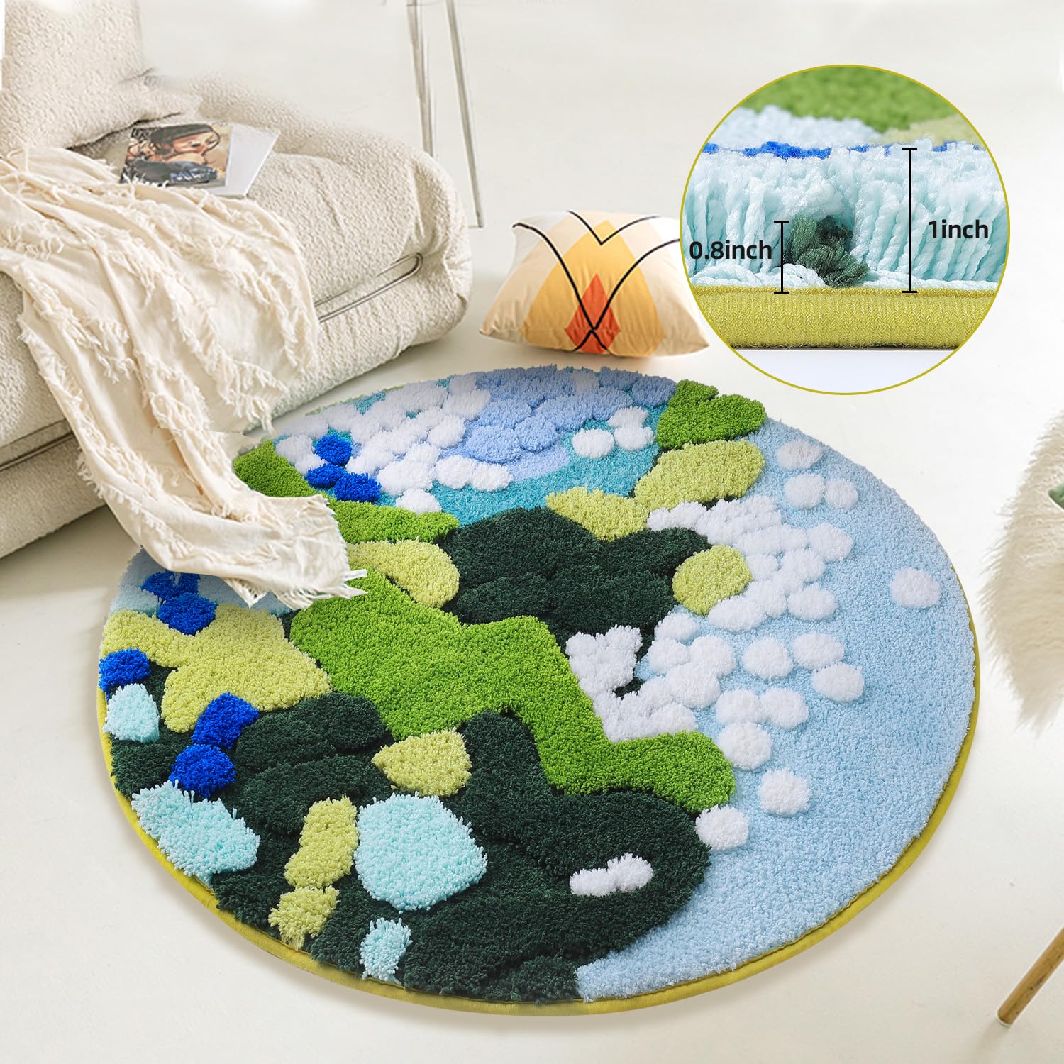 COMBLUE Round Moss Bathroom Rugs Non Slip, Cute Aesthetic Funky Microfiber Shaggy Tufted Circle Moss Bath Mat For Living Room Bedroom Decor, Soft and Absorbent, Machine Washable, Light Blue 40x40 Inch