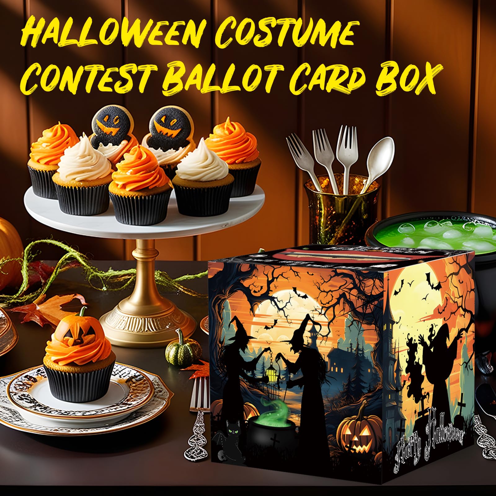 Halloween Costume Contest Ballot Card Box, 50 Ballot Voting Cards, Cast Votes for Your Favorite Costumes, Decorative Halloween Card Box for Game, Party, Home, Work, School, Bar Costume Parties Decor