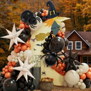 halloween balloon garland arch kit with spider witch hat shaped black and milk white exploding star foil balloon black orange sand white balloons for halloween birthday party decorations