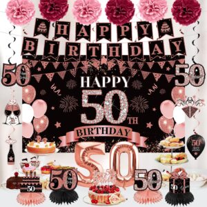 42PCS 50th Birthday Decoration Kit for Women, Rose Gold Happy 50th Bday Banner Balloons Honeycomb Centerpiece Swirl Paper Pompoms Party Supplies, 50 Bday Sash Table Cake Topper Swirls Set