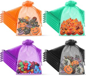 ribbonlic 200 pcs halloween organza bags 4 x 6 inches small mesh bags drawstring gift bags bulk halloween goodie bags candy treat packaging bags for tick or treat halloween party favor