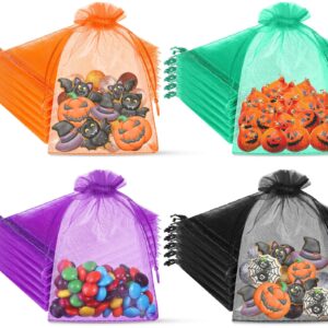 Ribbonlic 200 Pcs Halloween Organza Bags 4 x 6 Inches Small Mesh Bags Drawstring Gift Bags Bulk Halloween Goodie Bags Candy Treat Packaging Bags for Tick or Treat Halloween Party Favor