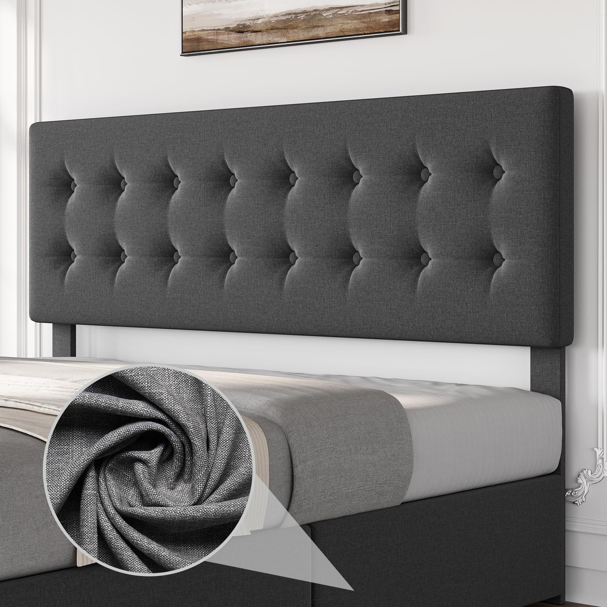 GAOMON King Size Bed Frame with 4 Storage Drawers and Headboard, Linen Upholstered Platform Bed Frame with Wooden Slats Support, Button Tufted Design, No Box Spring Needed, Dark Grey