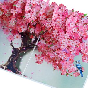 PQ Bees Pop Up Birthdays Card for Women Mom Grandma Wife | 3D Mother’s Day Anniversary Get Well Soon Thank You Valentines Day Card (Size 6x8 In – Cherry Blossom BlueJay Bird).