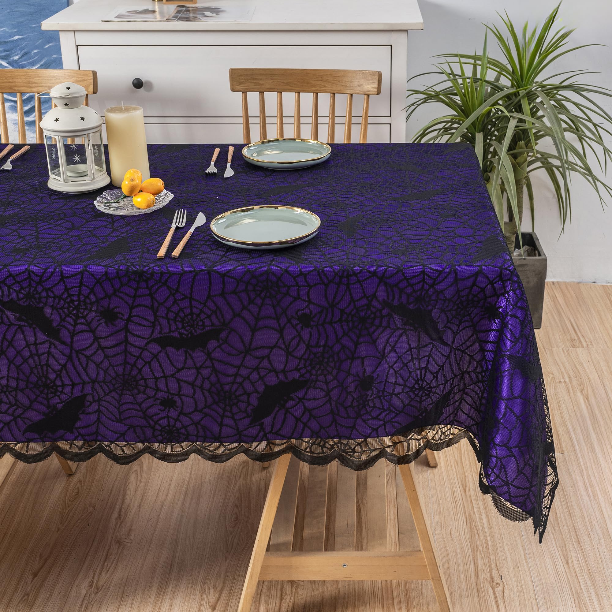 Obstal 2PCS Halloween Tablecloth - Purple Table Cloth & Black Lace with Bat Spider Decor Overlay, 60" L x 84" W Rectangular Table Covers for Parties, Events & Spooky Decorations