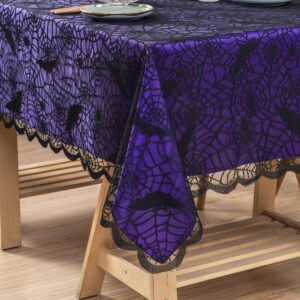 Obstal 2PCS Halloween Tablecloth - Purple Table Cloth & Black Lace with Bat Spider Decor Overlay, 60" L x 84" W Rectangular Table Covers for Parties, Events & Spooky Decorations