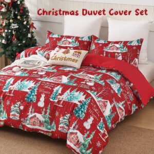 Dobuyly Christmas Duvet Cover Set Queen Size Christmas Tree Reindeer Snowman Pattern Duvet Cover with 2 Pillowcases Soft Microfiber Red Bedding Set for Holiday New Year Gift(3Pcs, 90"x90")