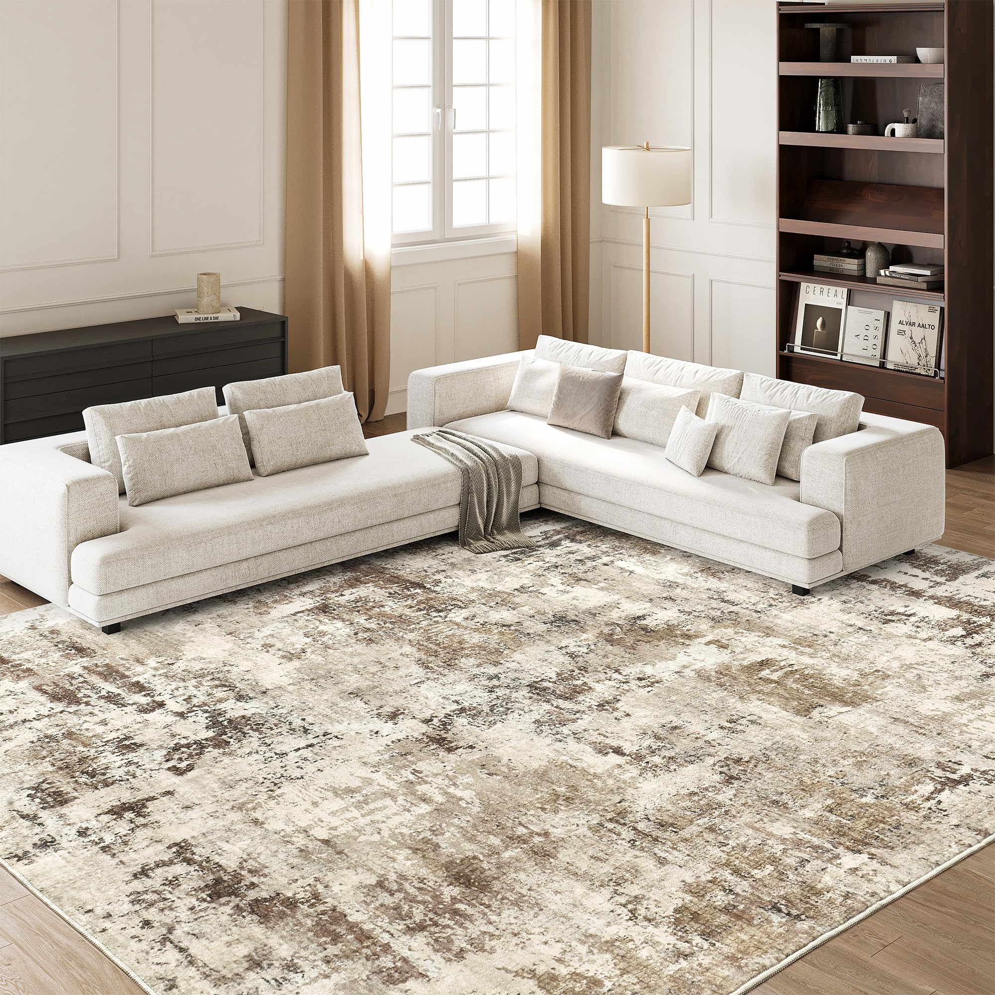 Art&Tuft Area Rugs 8x10, Abstract Washable Rug 8x10 - Ultra Soft and Thin, Low Pile, Stain Resistant Modern Large Area Rugs for Living Room, Bedroom, Office, Brown