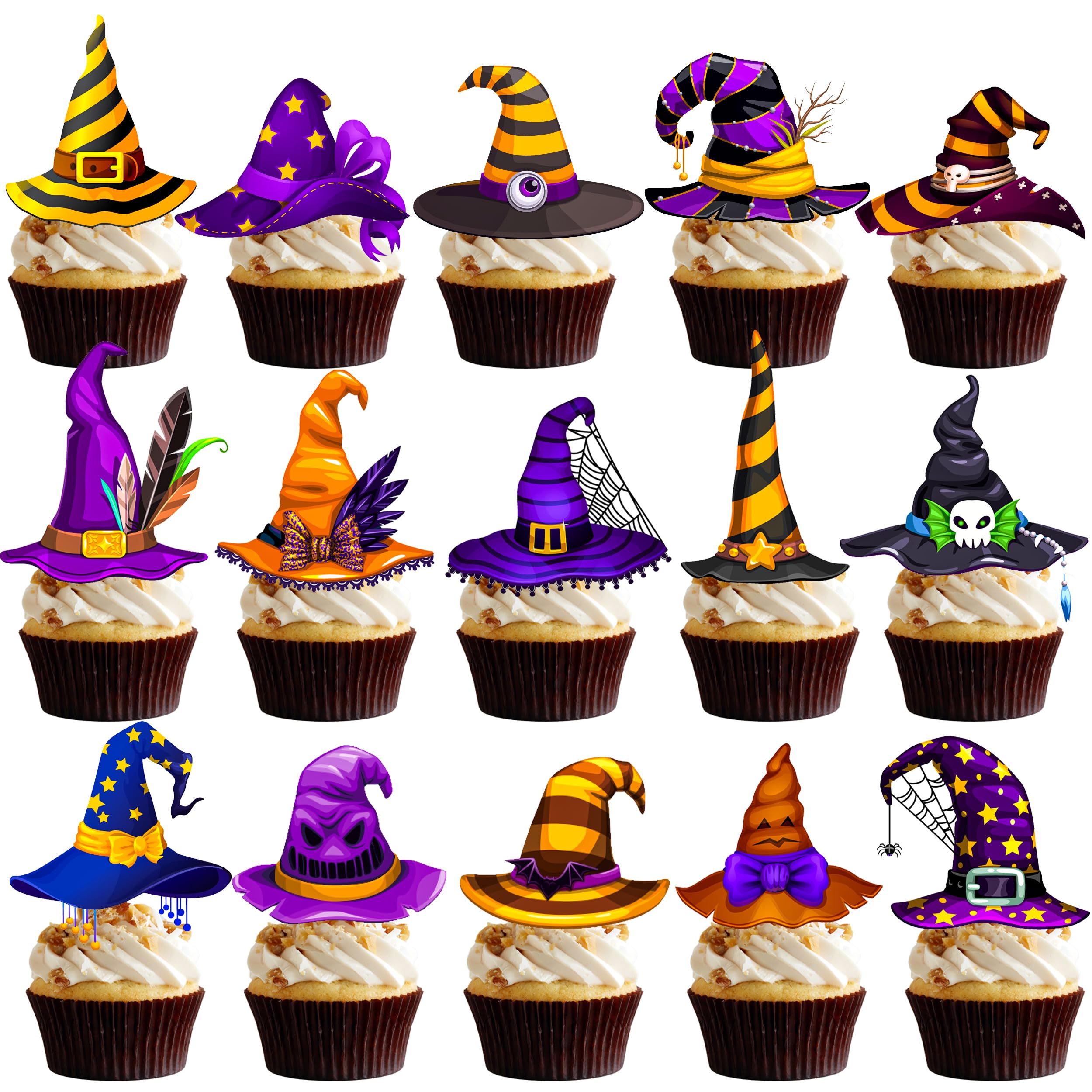 48Pcs Witch Hat Cupcake Toppers Halloween Party Decorations Halloween Witch Hay Theme Cupcake Decorations for Witch Hat Themed Birthday Party Baby Shower Supplies