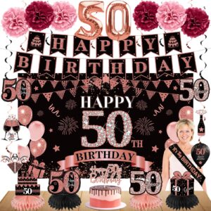 42pcs 50th birthday decoration kit for women, rose gold happy 50th bday banner balloons honeycomb centerpiece swirl paper pompoms party supplies, 50 bday sash table cake topper swirls set