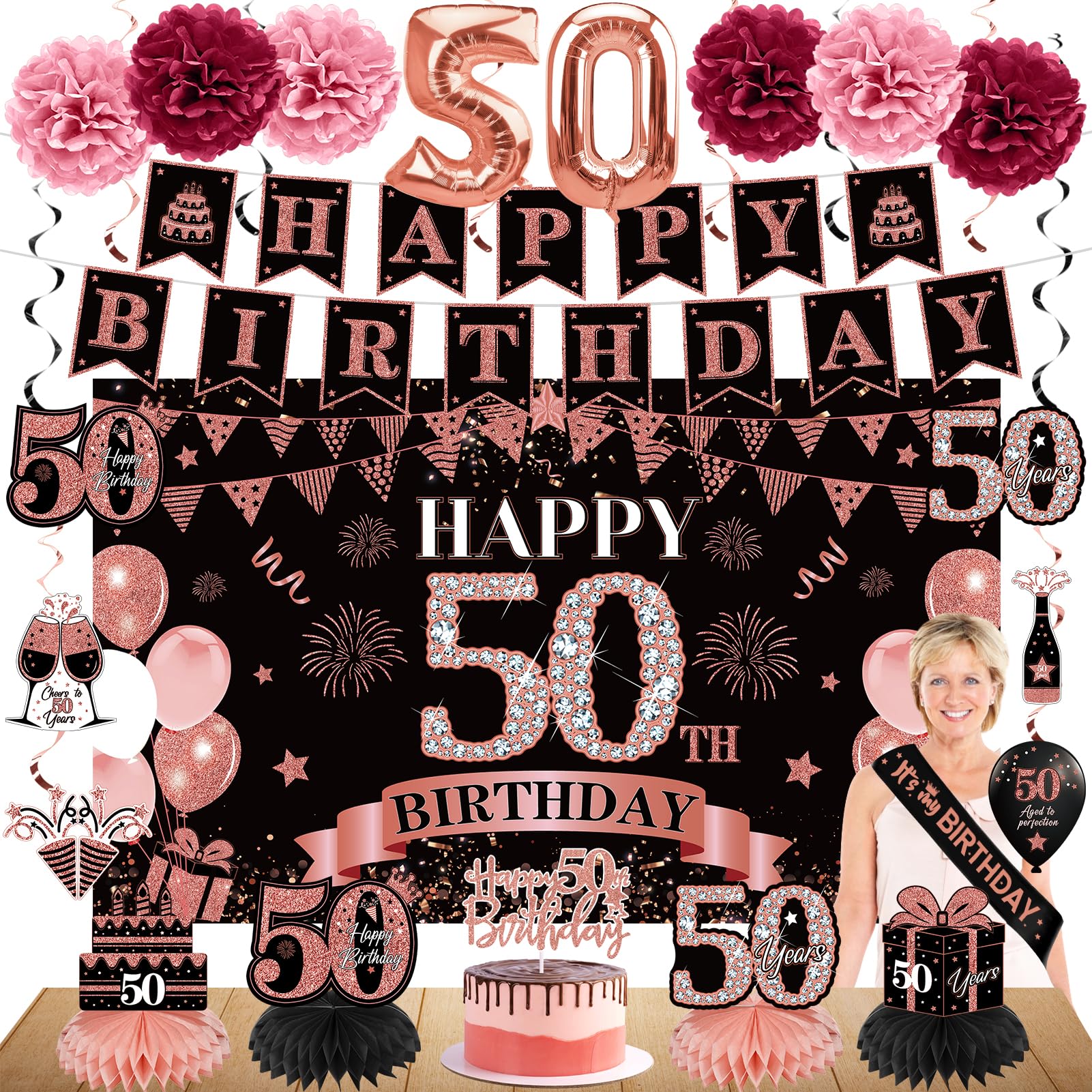 42PCS 50th Birthday Decoration Kit for Women, Rose Gold Happy 50th Bday Banner Balloons Honeycomb Centerpiece Swirl Paper Pompoms Party Supplies, 50 Bday Sash Table Cake Topper Swirls Set