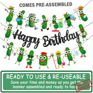 Funny Pickle Birthday Party Decorations Black Happy Birthday Banner Green Pickle Cucumber Theme Garland Cute Cucumber Birthday Banner Decorations for Kind of a Big Dill Party Baby Shower Supplies