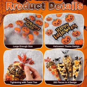 Pasimy 200 Pcs Halloween Cone Bags Trick or Treat Cellophane Clear Sweet Bags Triangle Cones Popcorn Bags Pumpkin Spider Witch Bat Candy Bags for Kids Halloween Birthday Party Supplies